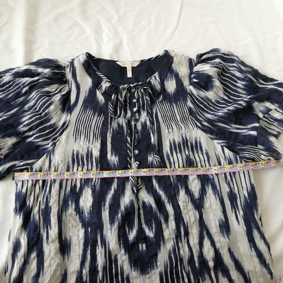 Rebecca Taylor Silk Short Sleeve Button Up Blouse Tie Neck Blue White 8 - Picture 13 of 15
